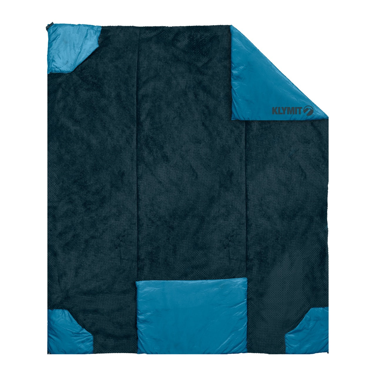 Black and blue quilt with Klymit branding on a white background