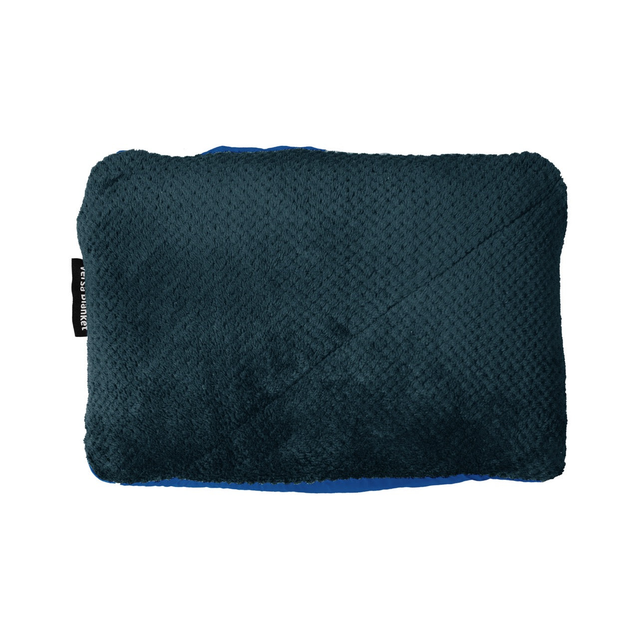 Folded dark blue blanket with a brand tag on a white background