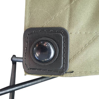 A close-up image of a dog bed with a nut and bolt combination lock securing the fabric.